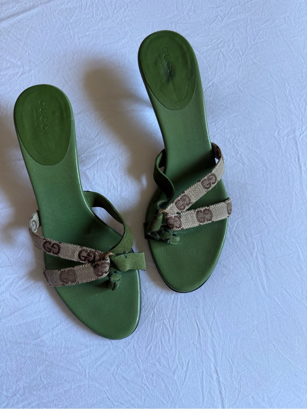 Gucci Tom Ford era Green/Brown GG Canvas with Suede mules/sandals on kitten heel - Picture 2 of 16